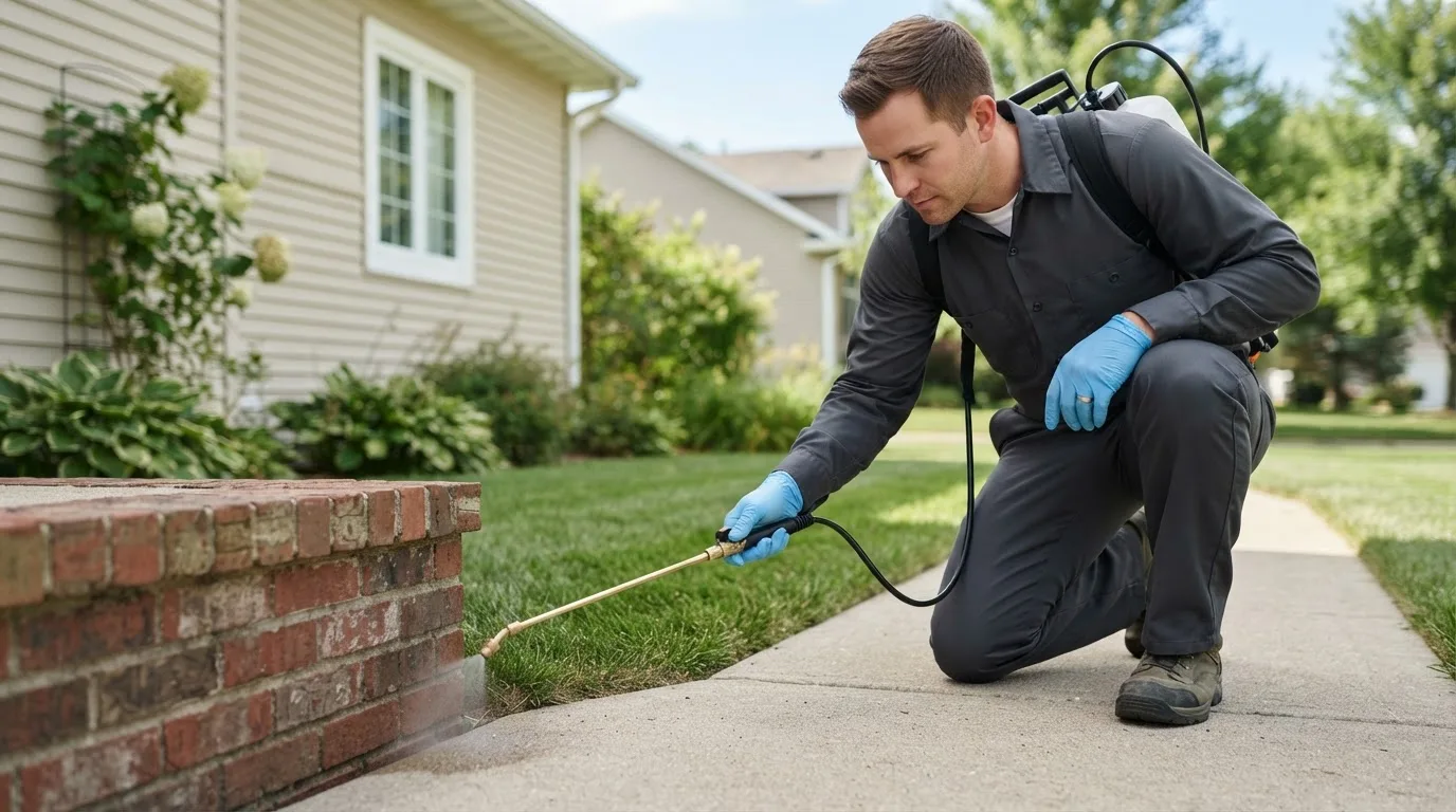 Pest control technician treating a home near Meadville, MO