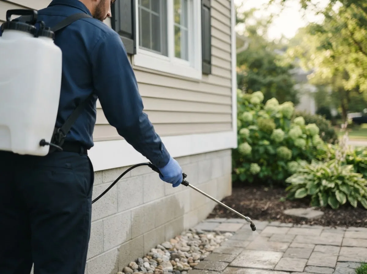 Pest control technician inspecting a home in Meadville, MO